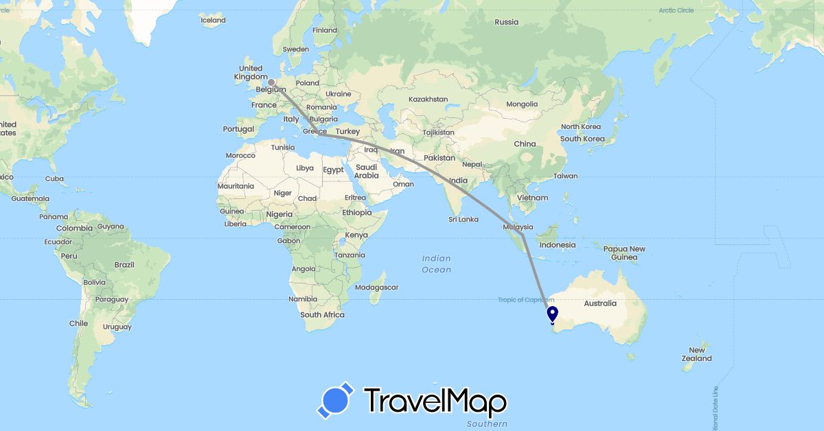 TravelMap itinerary: driving, plane in Australia, Greece, Netherlands, Singapore (Asia, Europe, Oceania)